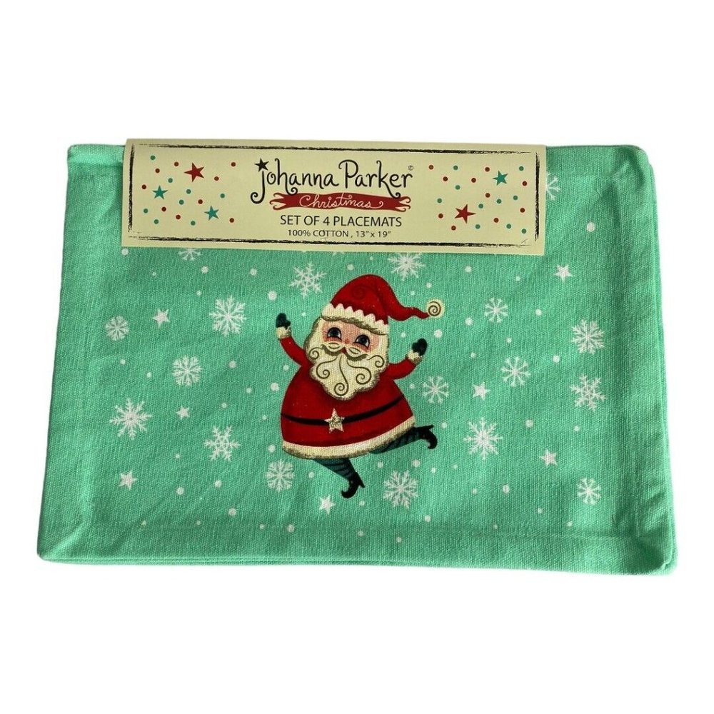 JOHANNA PARKER Mint Green SANTA CLAUS Christmas Cotton PLACEMATS Set of 4 New